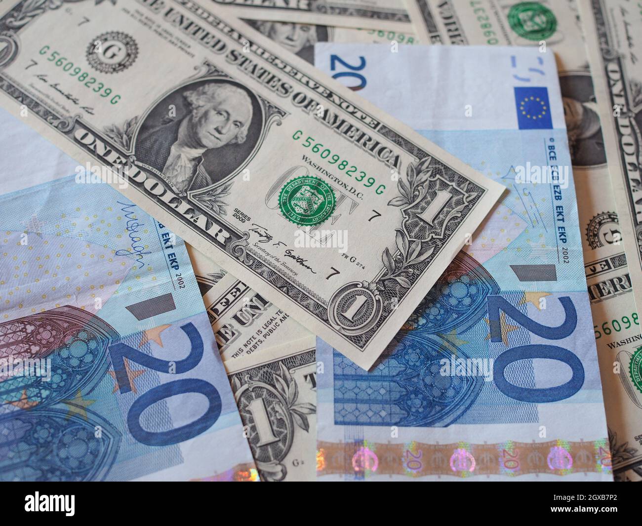Mixed banknotes Euro and Dollars useful as a background. Stock Photo