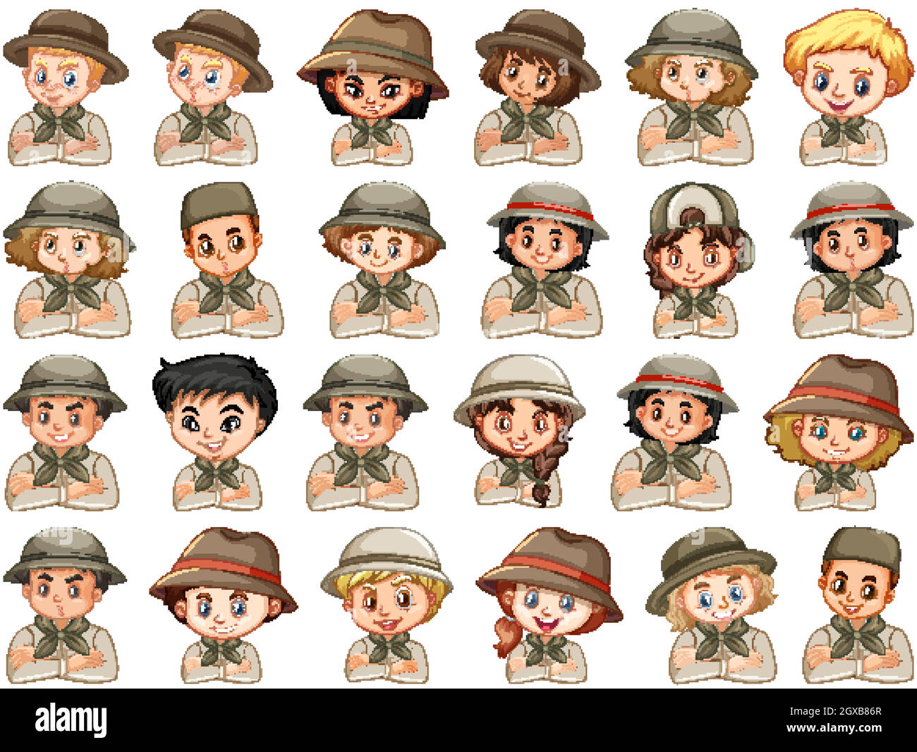 Set of different characters of boys and girls scout costume on a white ...
