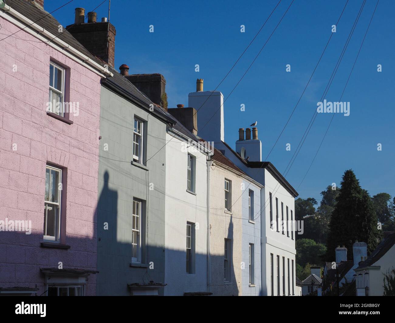 Bridge Street colourful houses in Chepstow, UK. Stock Photo