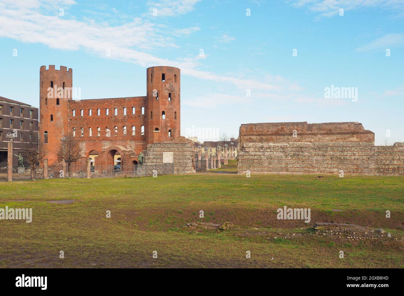 Palatine towers Porte Palatine ruins of ancient roman town gates and wall in Turin. Stock Photo