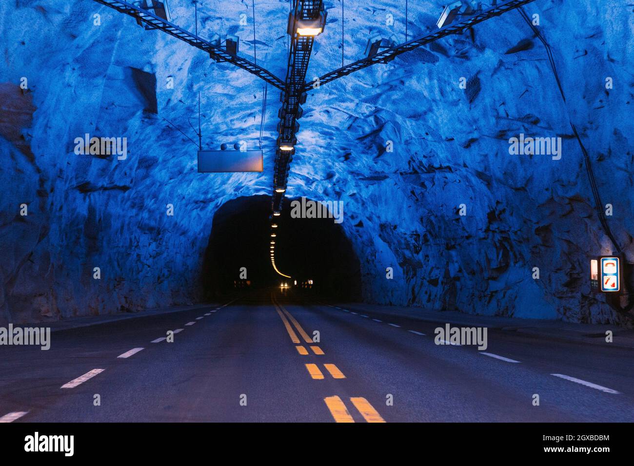 Laerdal Tunnel, Norway. Road On Illuminated Tunnel In Norwegian