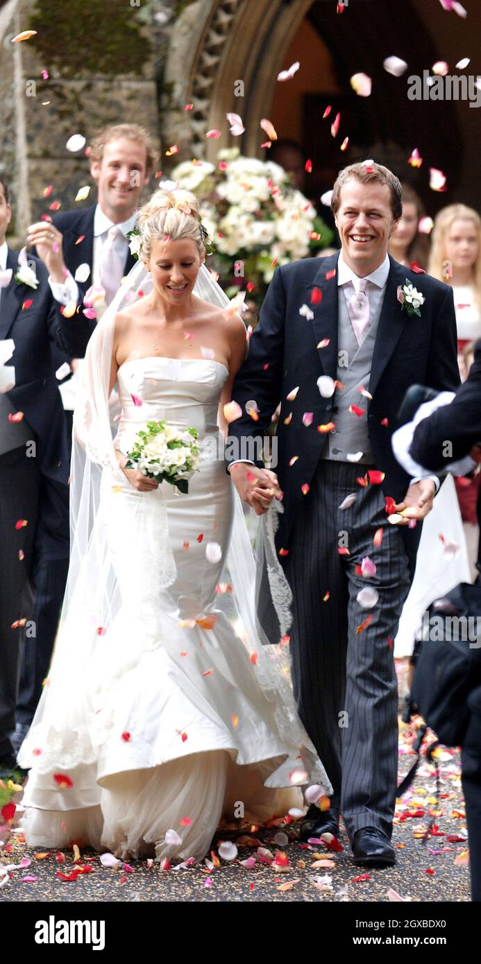Tom Parker-Bowles and his new wife Sara are covered in confetti as they leave St. Nicholas's Church after their wedding ceremony in Henley-on-Thames, England. Anwar Hussein/allactiondigital.com  Stock Photo