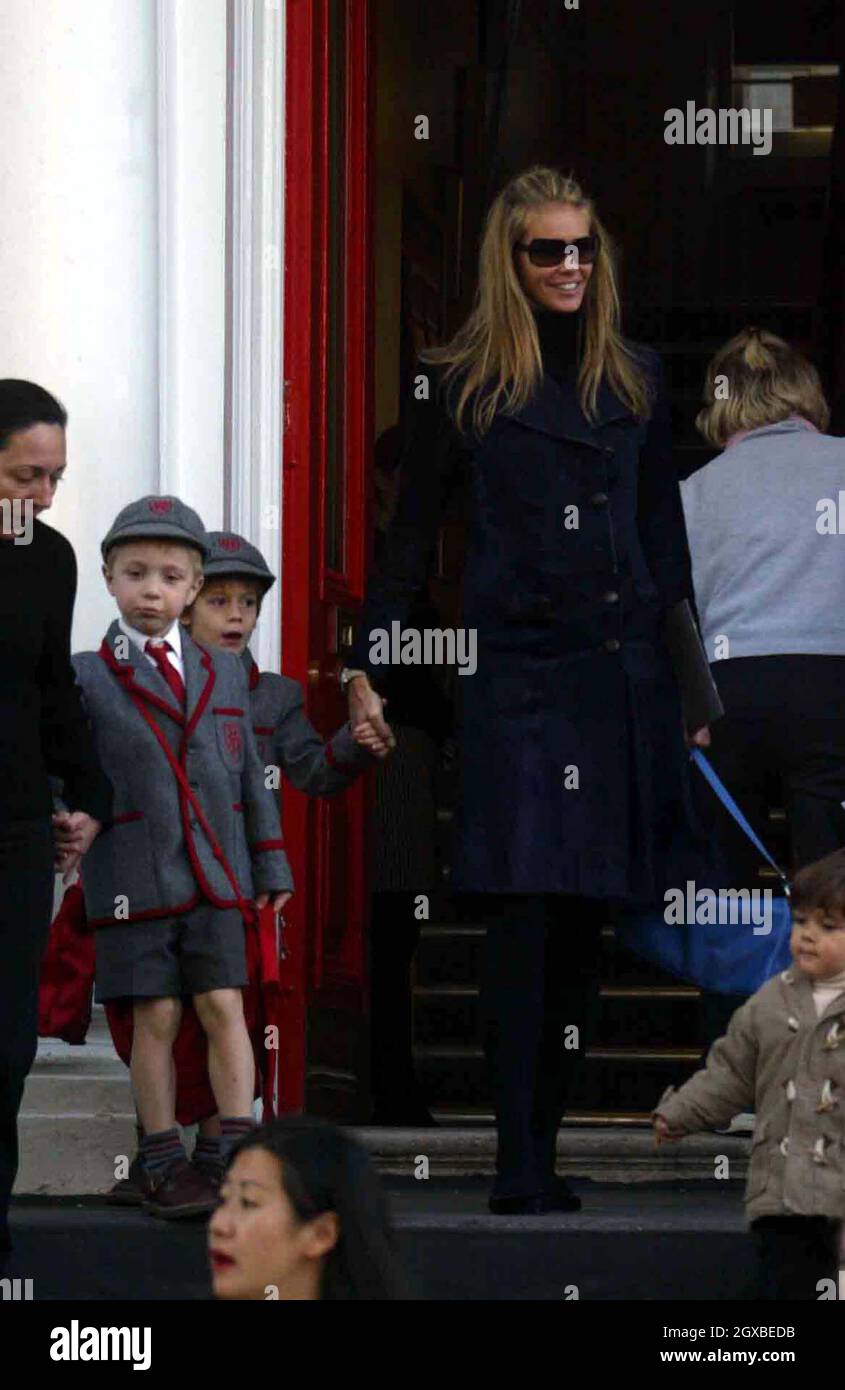 Elle MacPherson shopping in London then picking her son Arpad Flynn Busson up from school. She is looking very happy after recent reports of her being depressed and visiting a clinic in the USA. Stock Photo