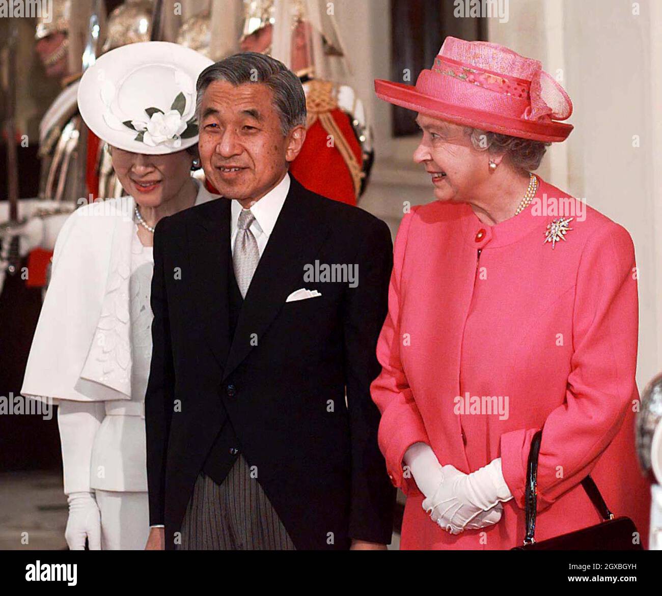 The Queen (right) arrives at Buckingham Palace with the Emperor Akihito and the Empress Michiko of Japan on the first day of their five-day state visit. Â©Anwar Hussein/allactiondigital.com  Stock Photo