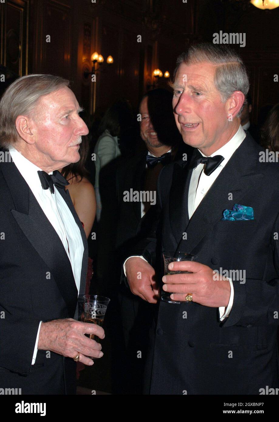 Prince Charles, Prince of Wales, chats to actor Leslie Phillips. Stock Photo
