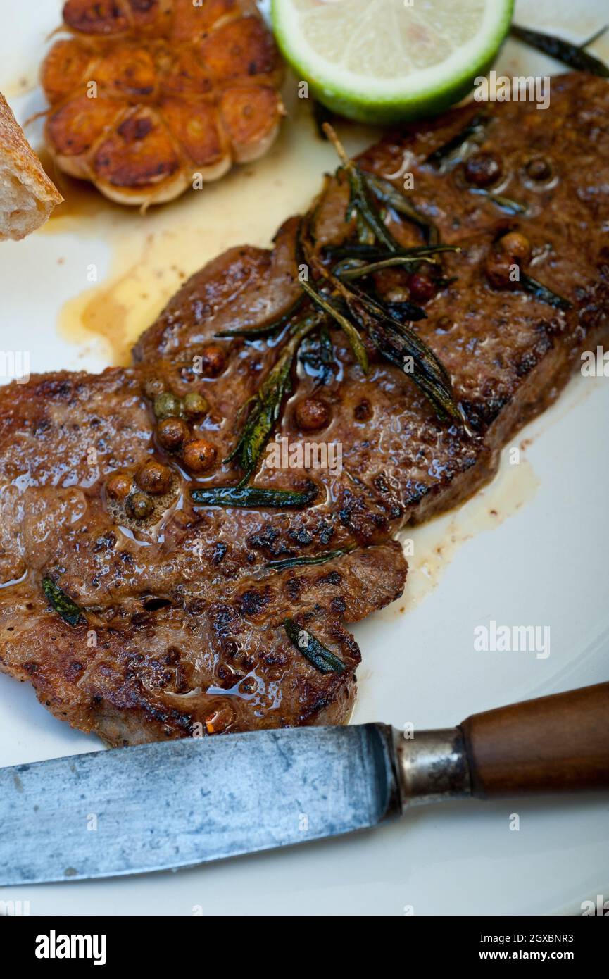 roasted grilled ribeye beef steak butcher selection Stock Photo Alamy