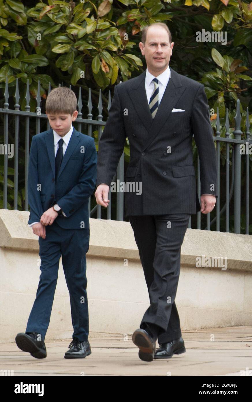 James, Viscount  Severn and Prince Edward, Earl of Wessex attend the Easter Sunday Service at St George's Chapel in Windsor on April 01, 2018. Stock Photo