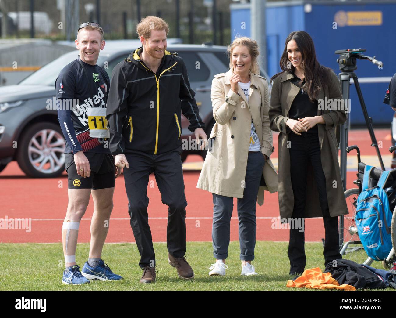 Prince Harry and Meghan Markle attend the UK team trials for the Invictus Games in Sydney 2018  at the University of Bath Sports Training Village on April 6, 2018.   The Invictus Games is the only international sports event for wounded, injured and sick servicemen and women, both serving and veteran. The Games use the power of sport to inspire recovery, support rehabilitation and generate a wider understanding and respect of all those who serve their country.  Stock Photo