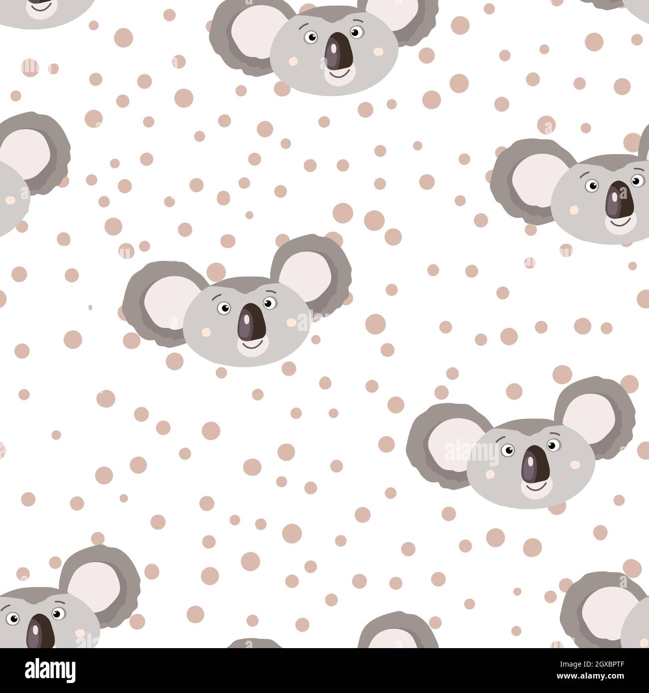 Seamless pattern with cute koala baby and hearts on white polka dots ...