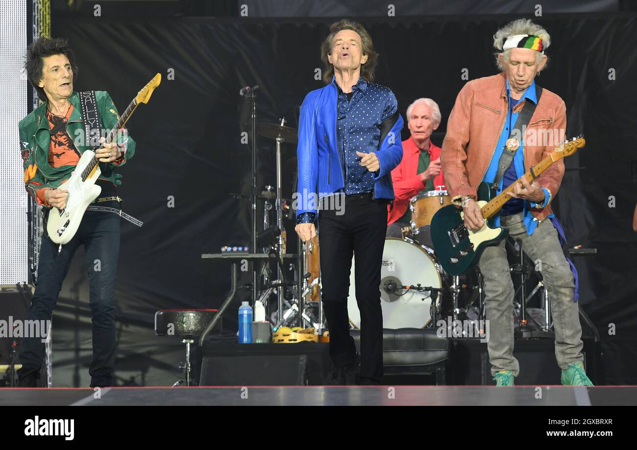 Ronnie Wood, Mick Jagger, Charlie Watts and Keith Richards of The Rolling Stones perform on stage at the Principality Stadium in Cardiff on June 15, 2018 Stock Photo