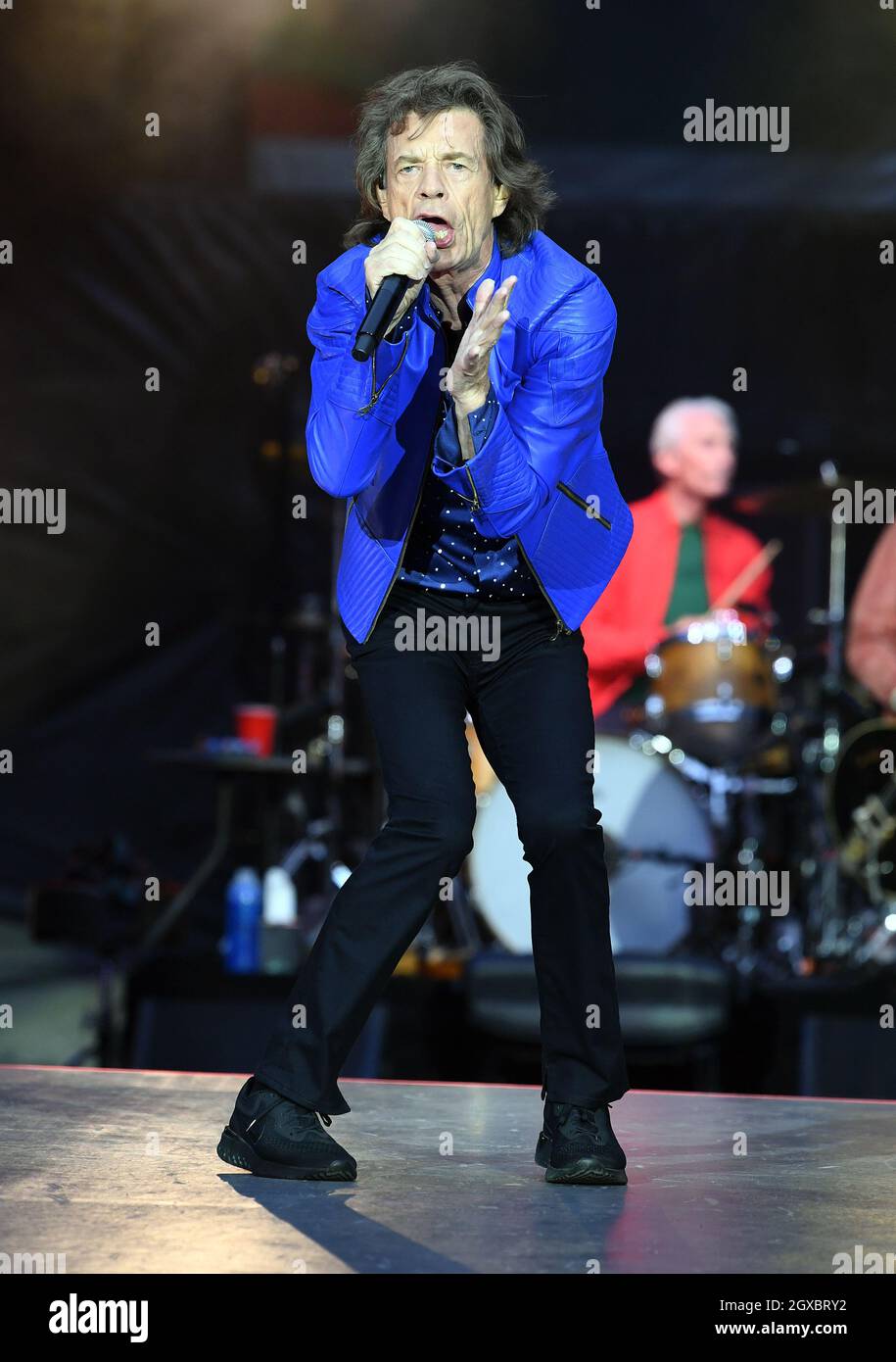 Mick Jagger of The Rolling Stones performs on stage at the Principality Stadium in Cardiff on June 15, 2018 Stock Photo