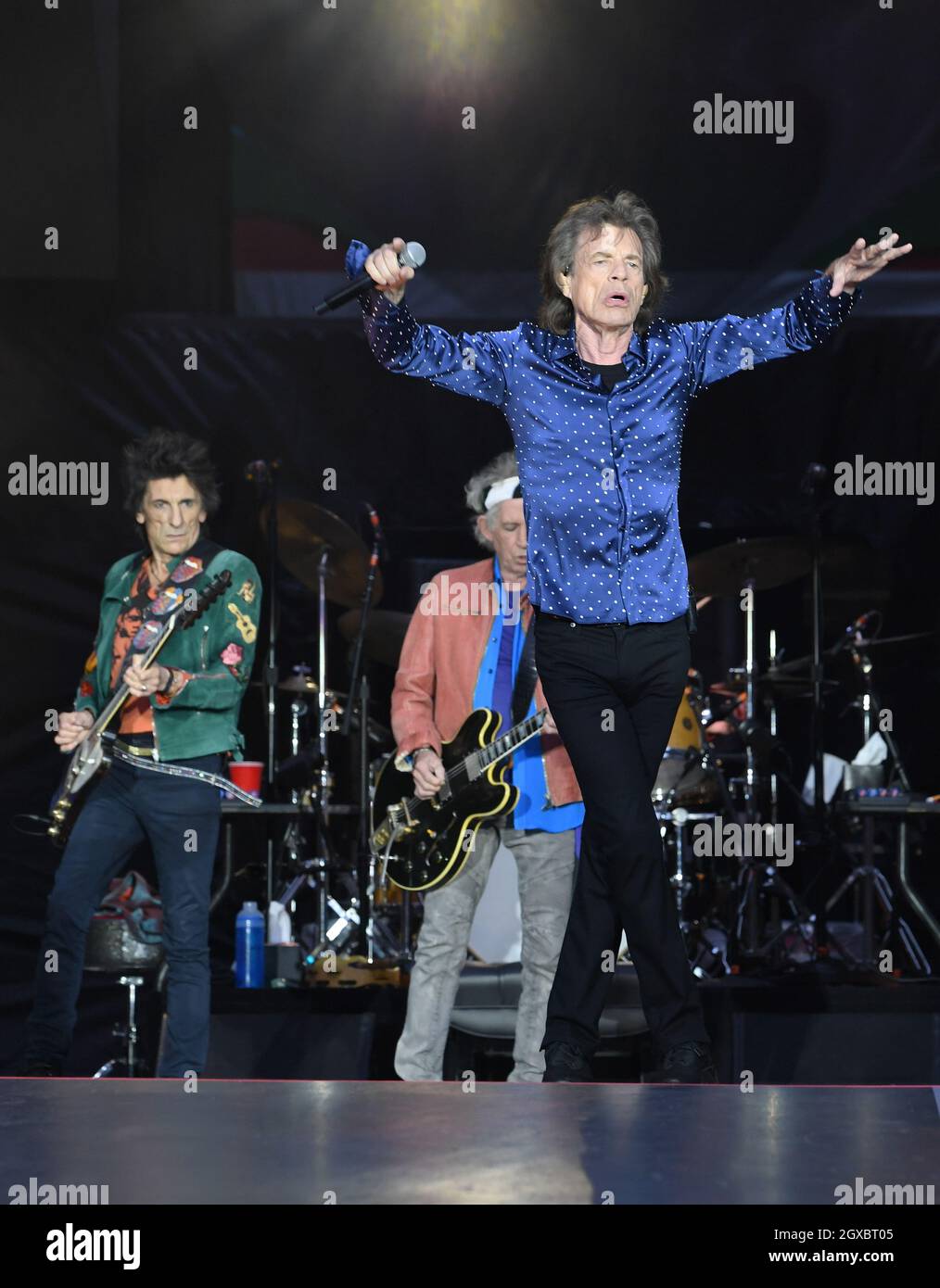 Ronnie Wood, Keith Richards and Mick Jagger of The Rolling Stones perform on stage at the Principality Stadium in Cardiff on June 15, 2018 Stock Photo