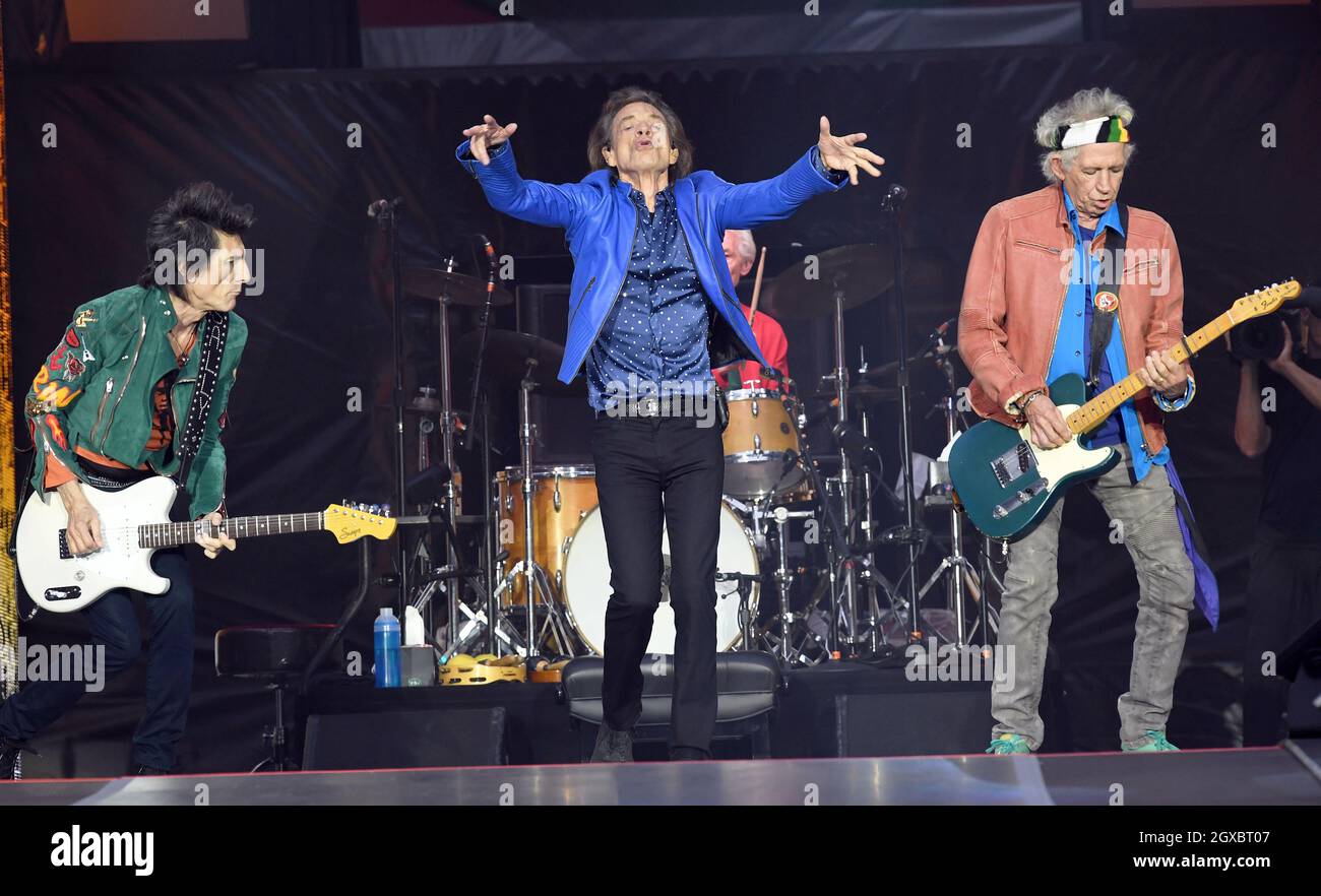 Ronnie Wood, Mick Jagger, Charlie Watts and Keith Richards of The Rolling Stones perform on stage at the Principality Stadium in Cardiff on June 15, 2018 Stock Photo