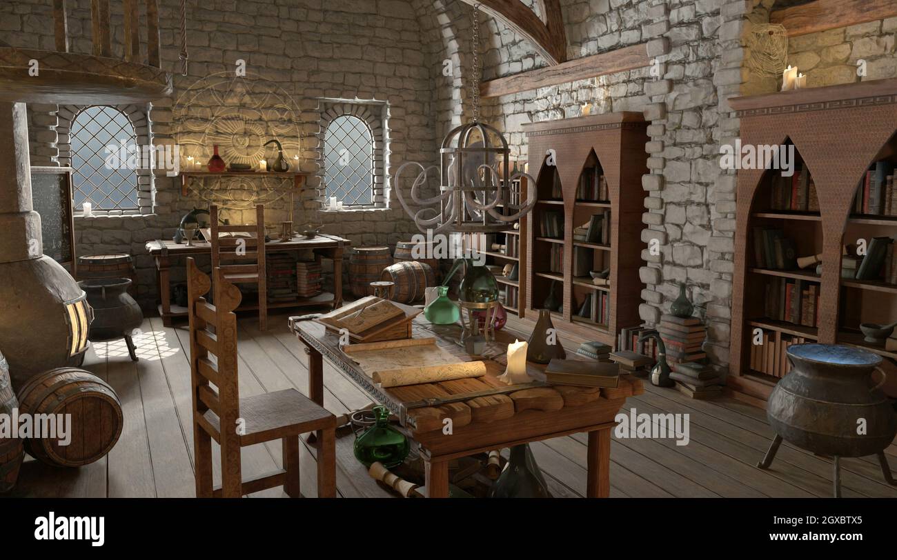 Fantasy alchemist's laboratory 3d illustration Stock Photo - Alamy