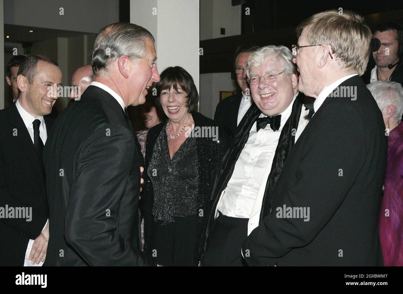 Prince Charles, Prince of Wales meets writer Alan Bennett and actors Richard Griffiths and Frances de la Tour at the premiere of The History Boys in Leicester Square, London on October 2, 2006. Anwar Hussein/EMPICS Entertainment  Stock Photo