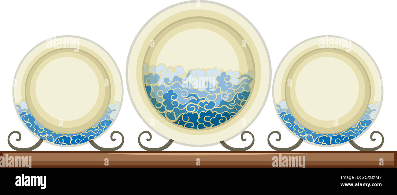 Antique ceramic plates with painted waves Stock Vector
