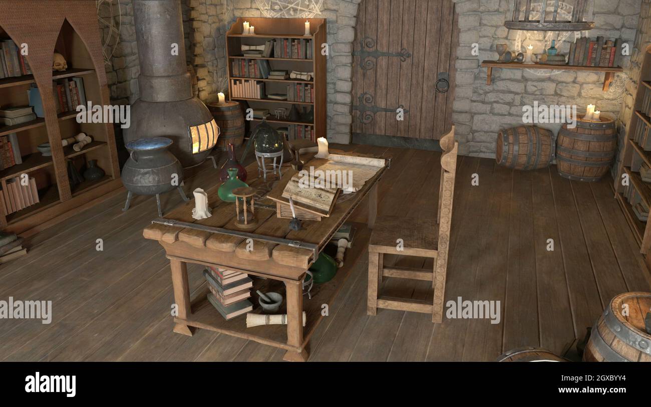 Fantasy alchemist's laboratory 3d illustration Stock Photo - Alamy
