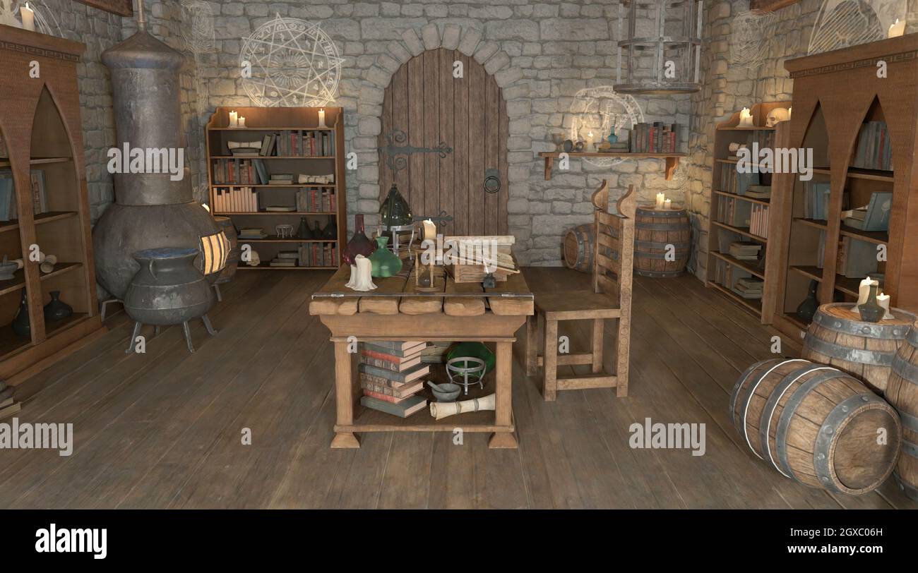 Fantasy alchemist's laboratory 3d illustration Stock Photo - Alamy