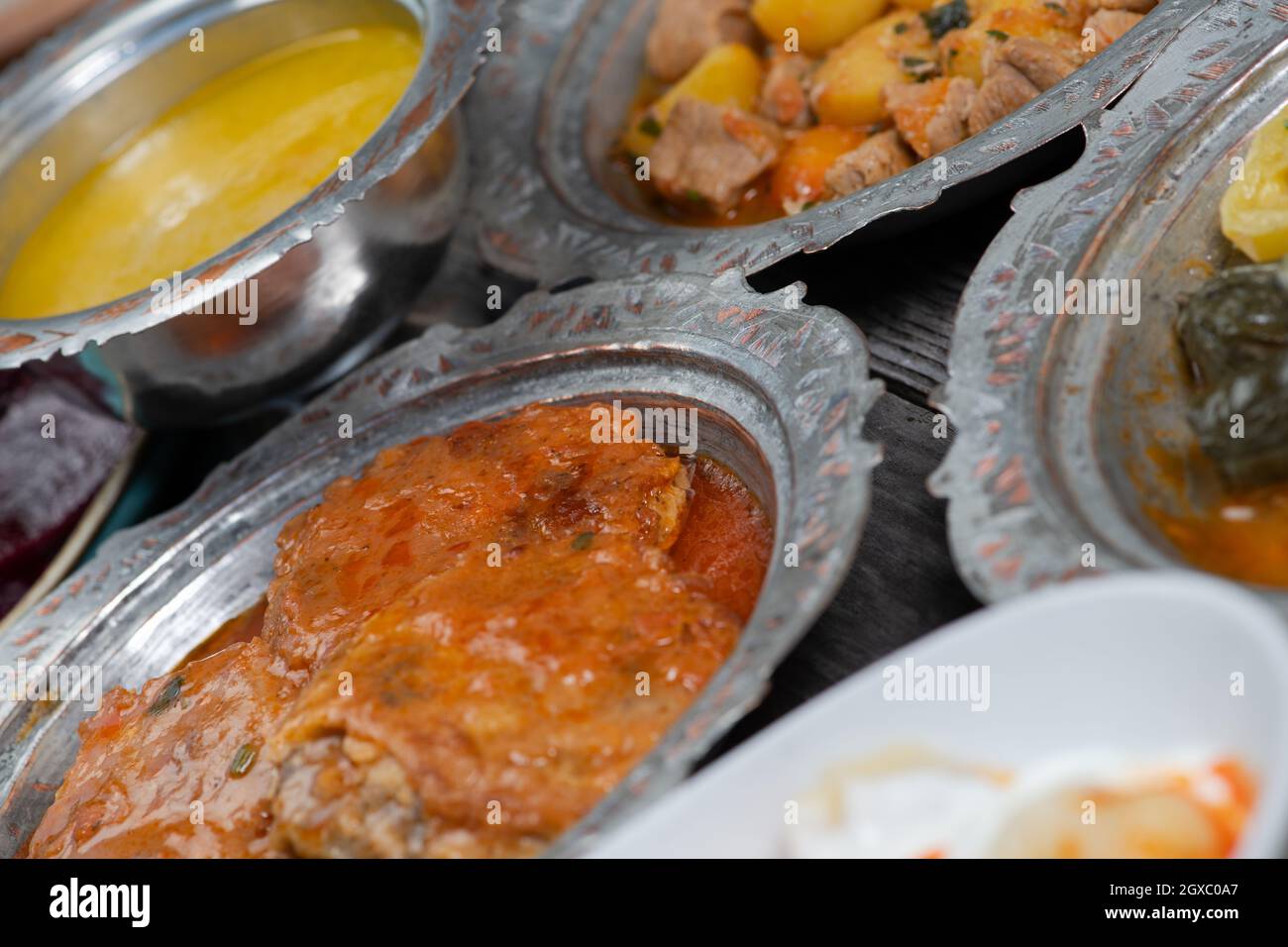 Eid Mubarak Traditional Ramadan Iftar dinner. Assorted tasty food in ...