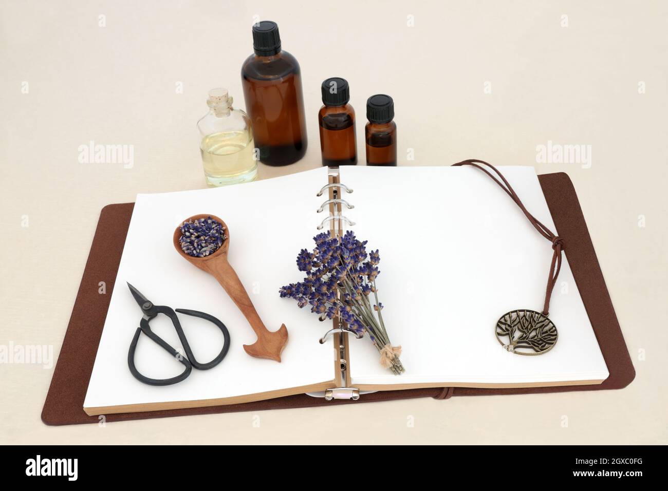 Lavender adaptogen herb flowers used in herbal medicine with notebook