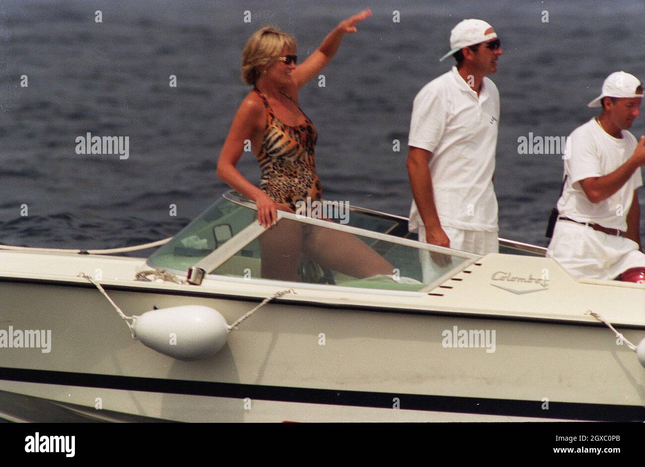 Diana, Princess of Wales, wearing a swimsuit, in a boat in January 1996 off the coast of the South of France. Anwar Hussein/EMPICS Entertainment Stock Photo