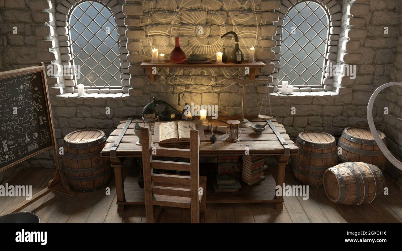 Fantasy alchemist's laboratory 3d illustration Stock Photo - Alamy