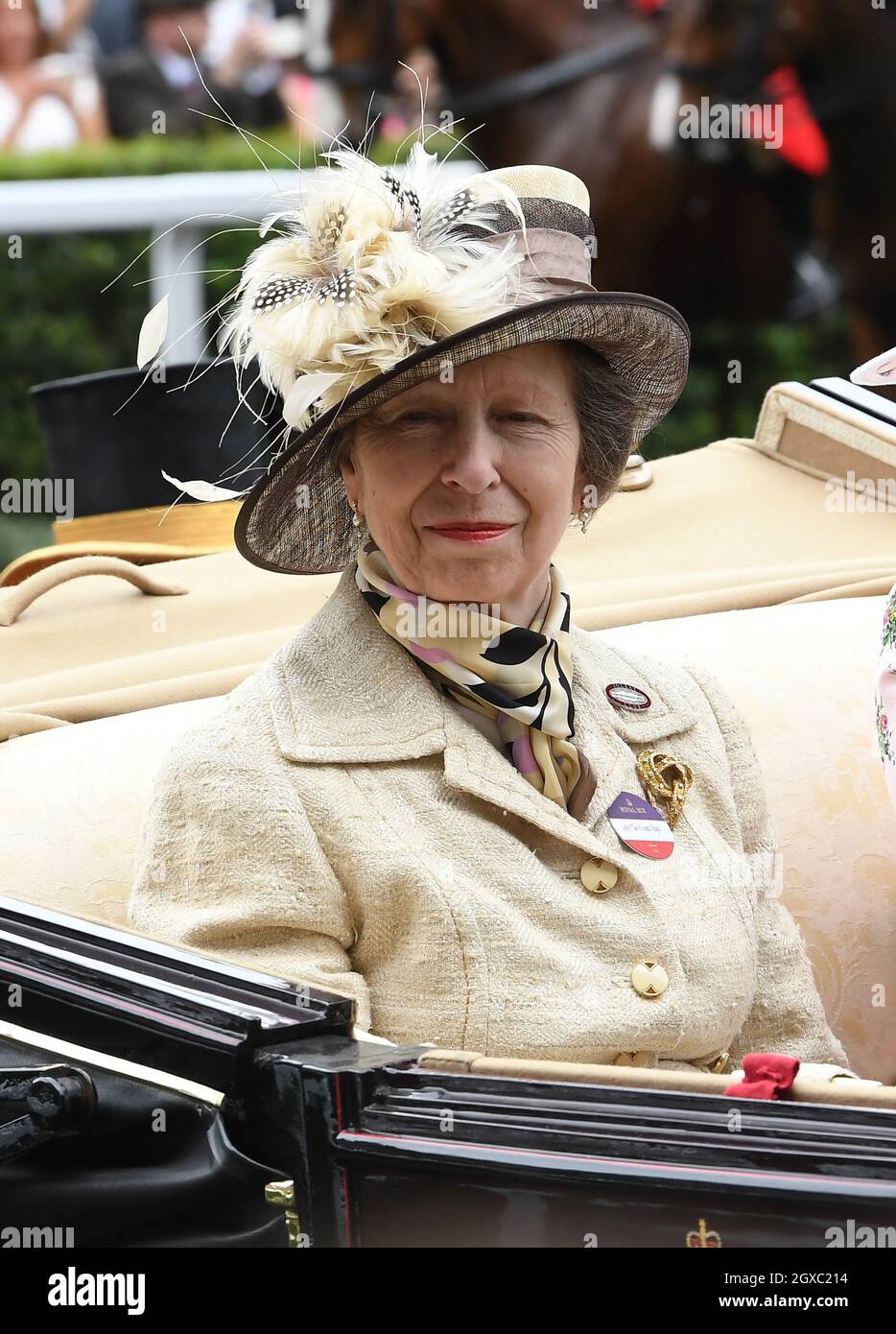 Princess Anne, The Princess Royal arrives in an open carriage to attend the first day of Royal Ascot on June 18, 2019 Stock Photo