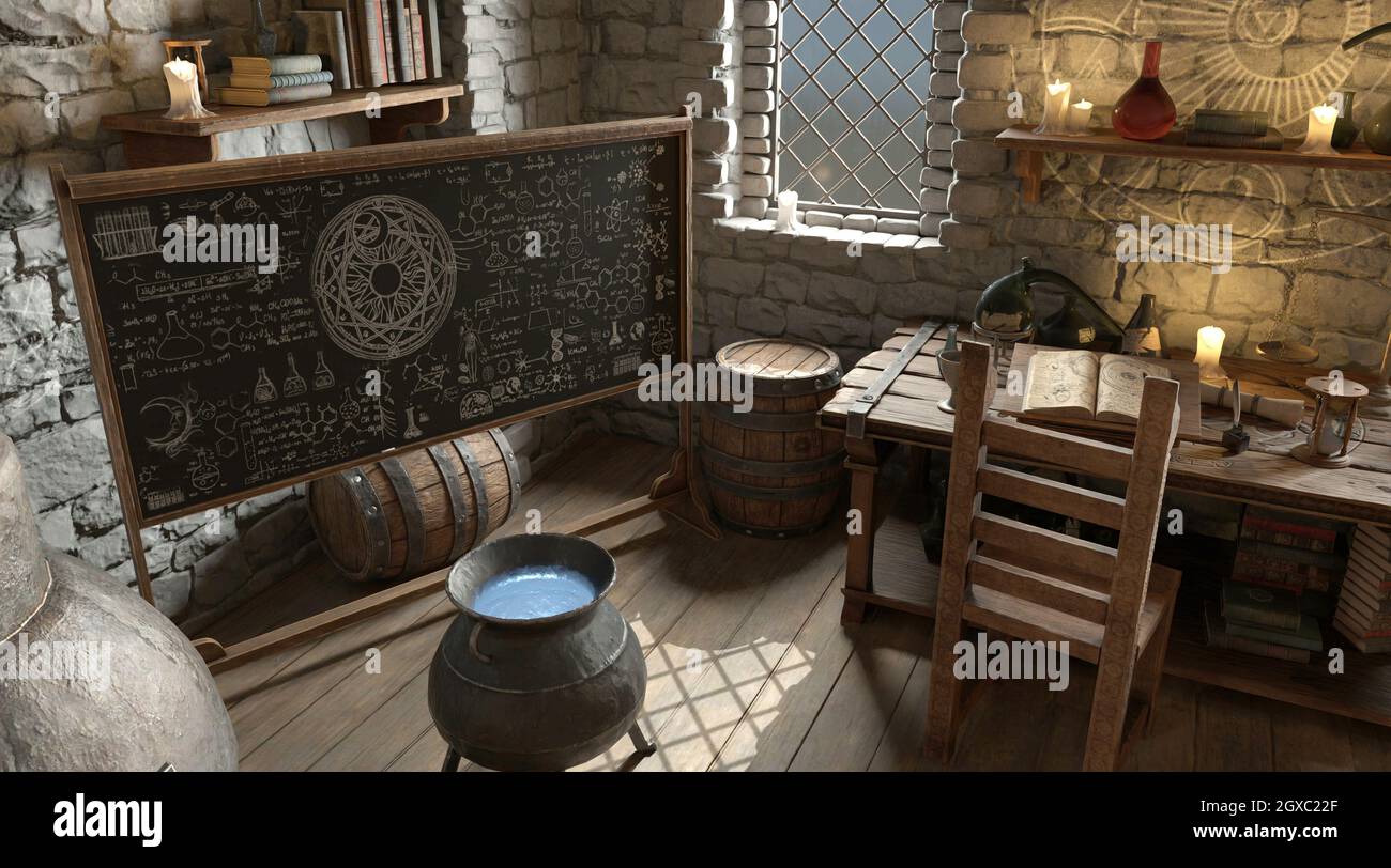 Fantasy alchemist's laboratory 3d illustration Stock Photo - Alamy