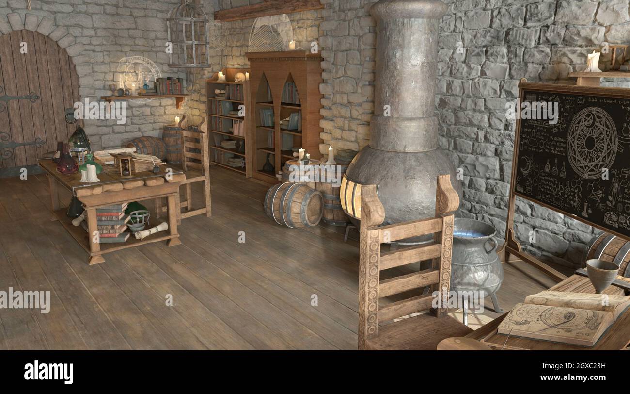 Fantasy alchemist's laboratory 3d illustration Stock Photo - Alamy