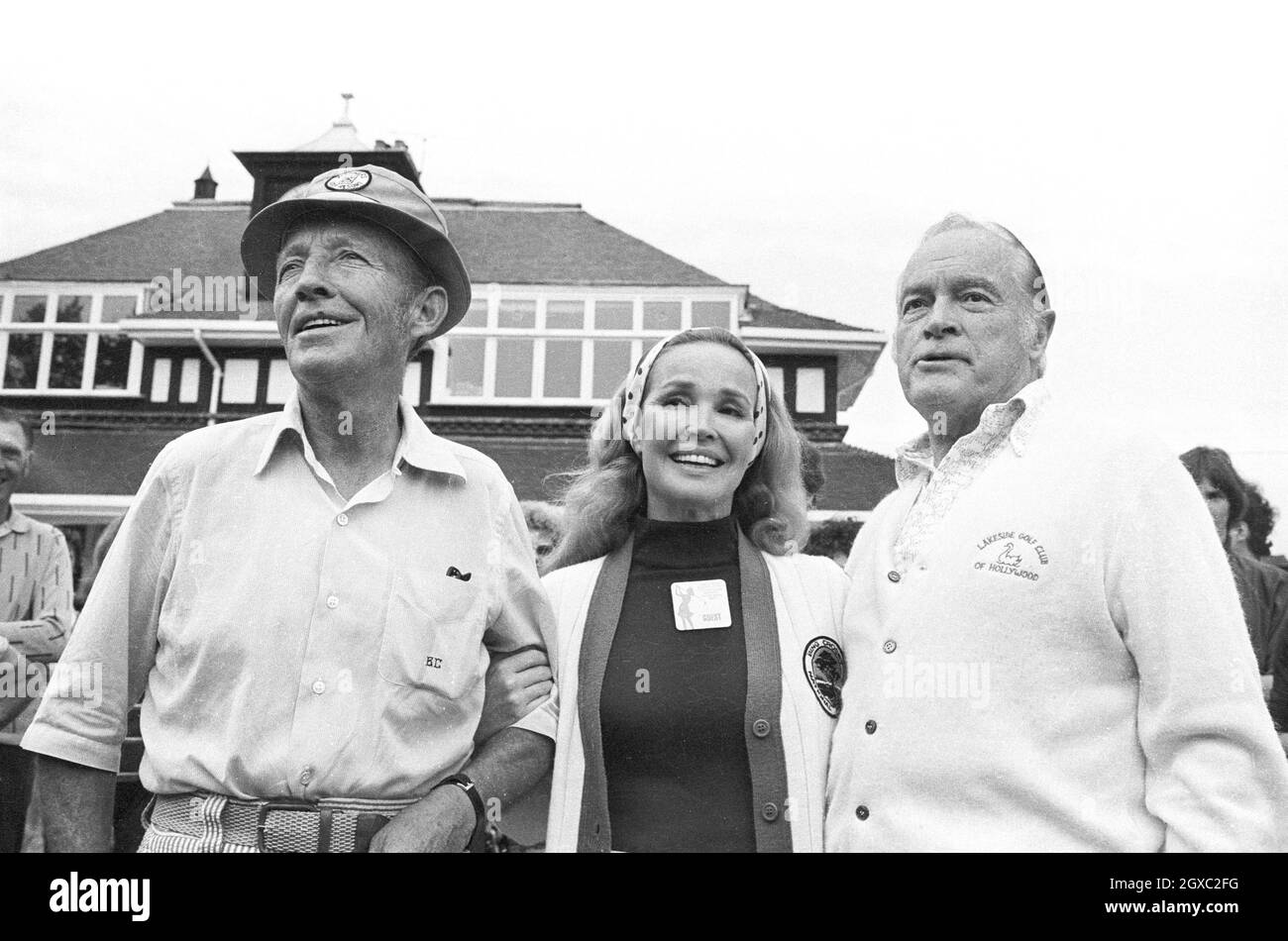Singer and actor Bing Crosby, his wife Kathryn Crosby formerly Grant and comedian and actor Bob Hope at the Pro-Am golf tournament at Sunningdale, Berkshire on August 06 1975.  Stock Photo