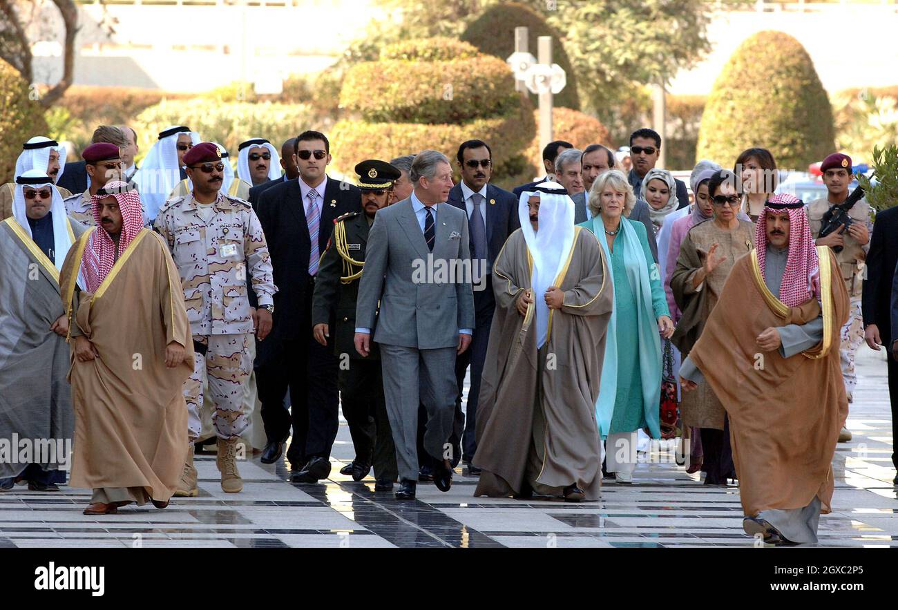 Prince Charles, Prince of Wales and Camilla, Duchess of Cornwall arrive at the Emir of Kuwait's Palace to visit leading members of the ruling family in Kuwait on February 20, 2007. Stock Photo