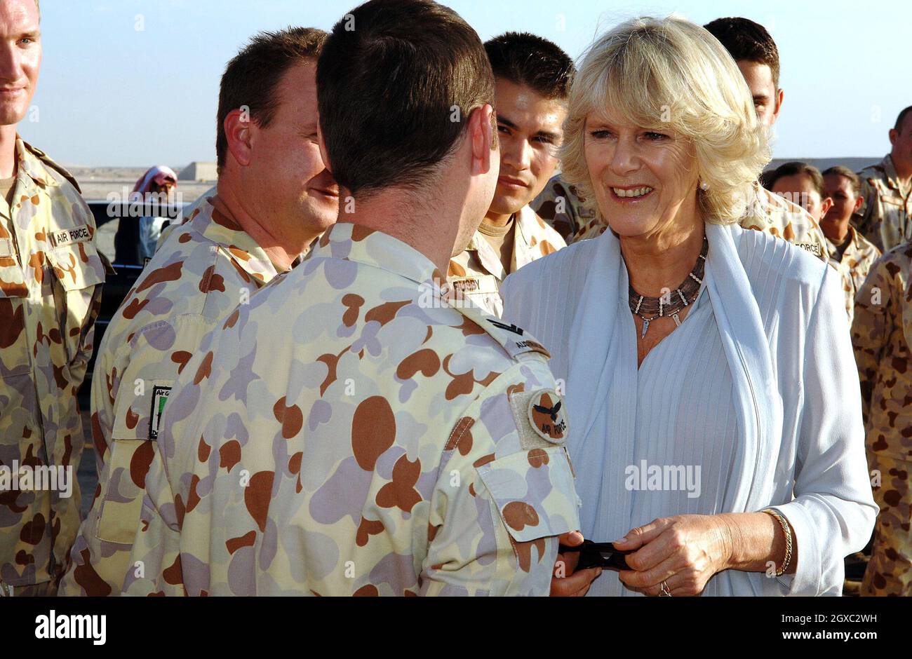 Camilla, Duchess of Cornwall meets a detachment of RAF Tornado aircrew and RAAF (Australian) aircrew when she visits the US Airbase Al Udeid outside Doha in Qatar on February 22, 2007. Stock Photo