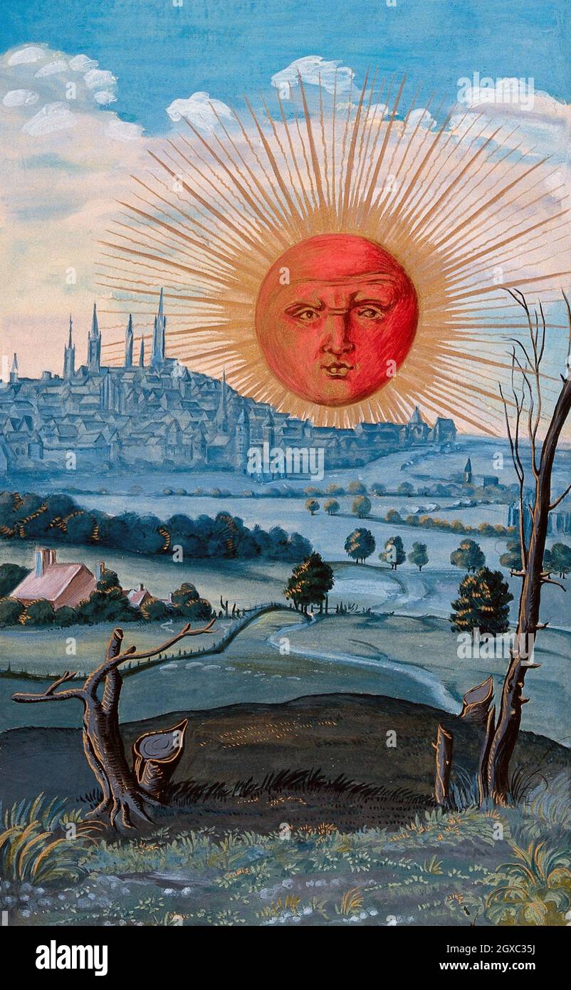 A red-faced sun rises above a city; stunted trees stand in the foreground; representing either the culmination of the alchemical Great Work or the Stock Photo