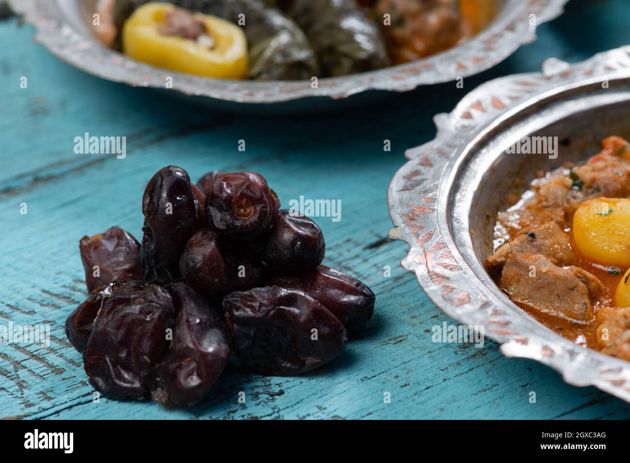 Eid Mubarak Traditional Ramadan Iftar dinner. Assorted tasty food in ...