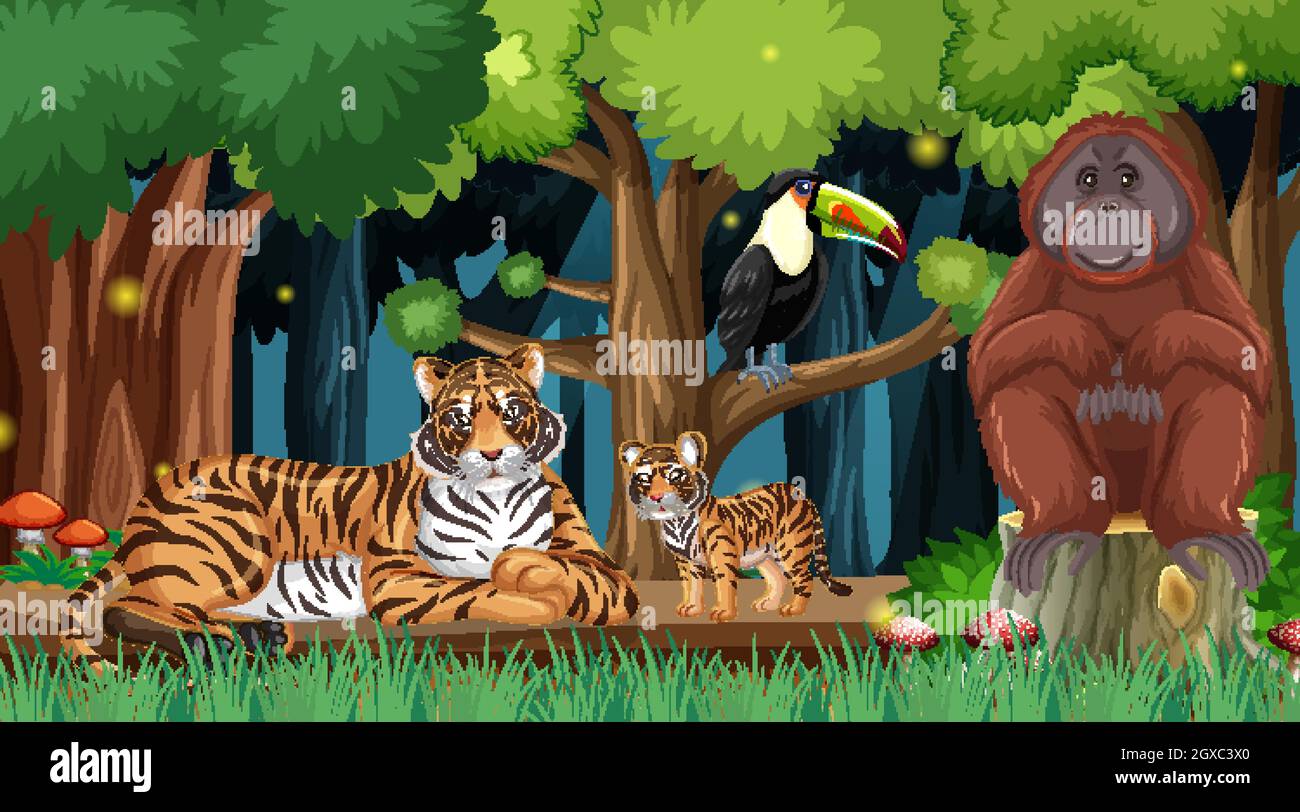 Wild animals in forest landscape background illustration Stock Vector ...