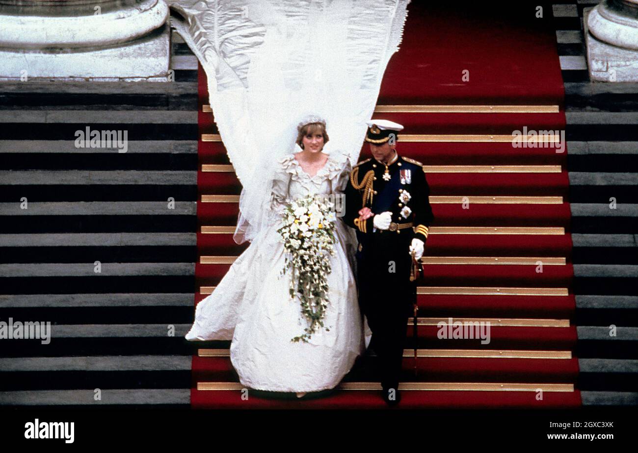 Prince Charles, Prince of Wales and Diana, Princess of Wales leave St. Pauls Cathedral in London following their wedding on July 29, 1981. Stock Photo