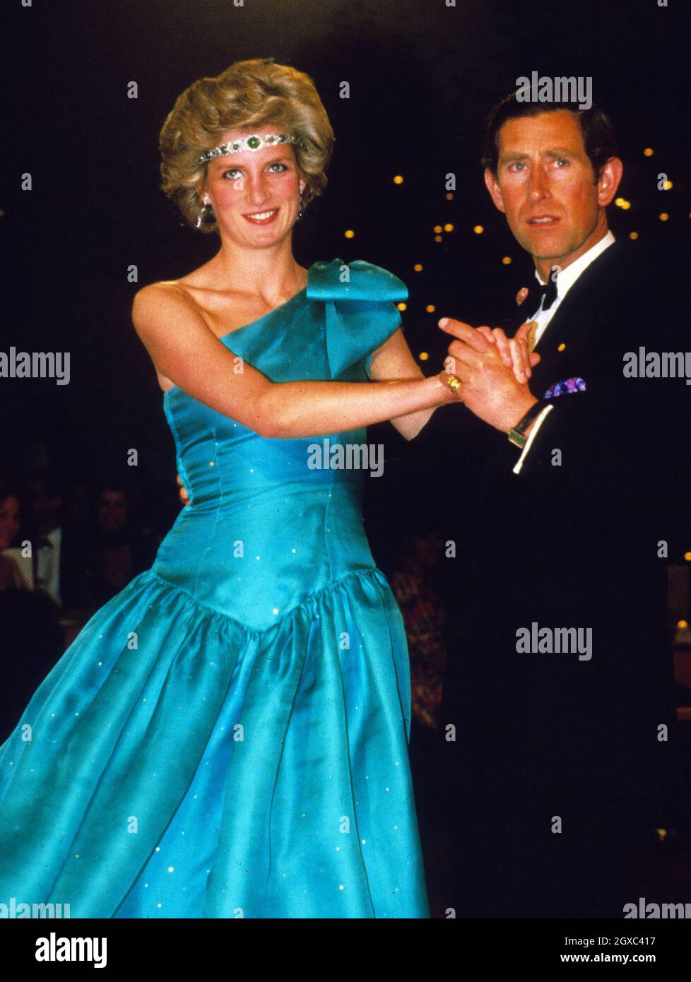 Diana, princess of Wales wears an Emanuel dress while dancing in Australia in March 1983 Stock Photo