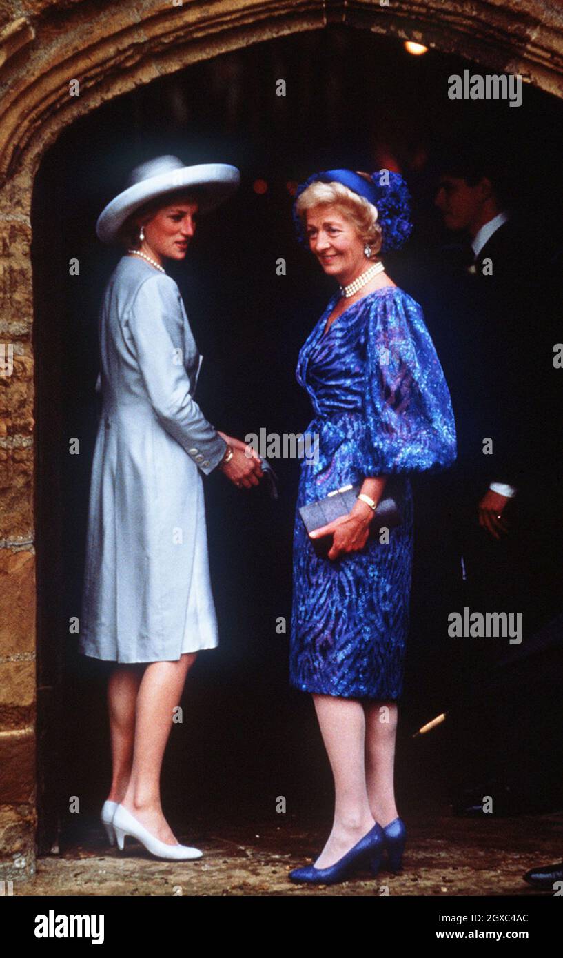 Diana, Princess of Wales with her mother, Frances Shand Kydd at Althorp for the wedding of Earl Spencer. Stock Photo