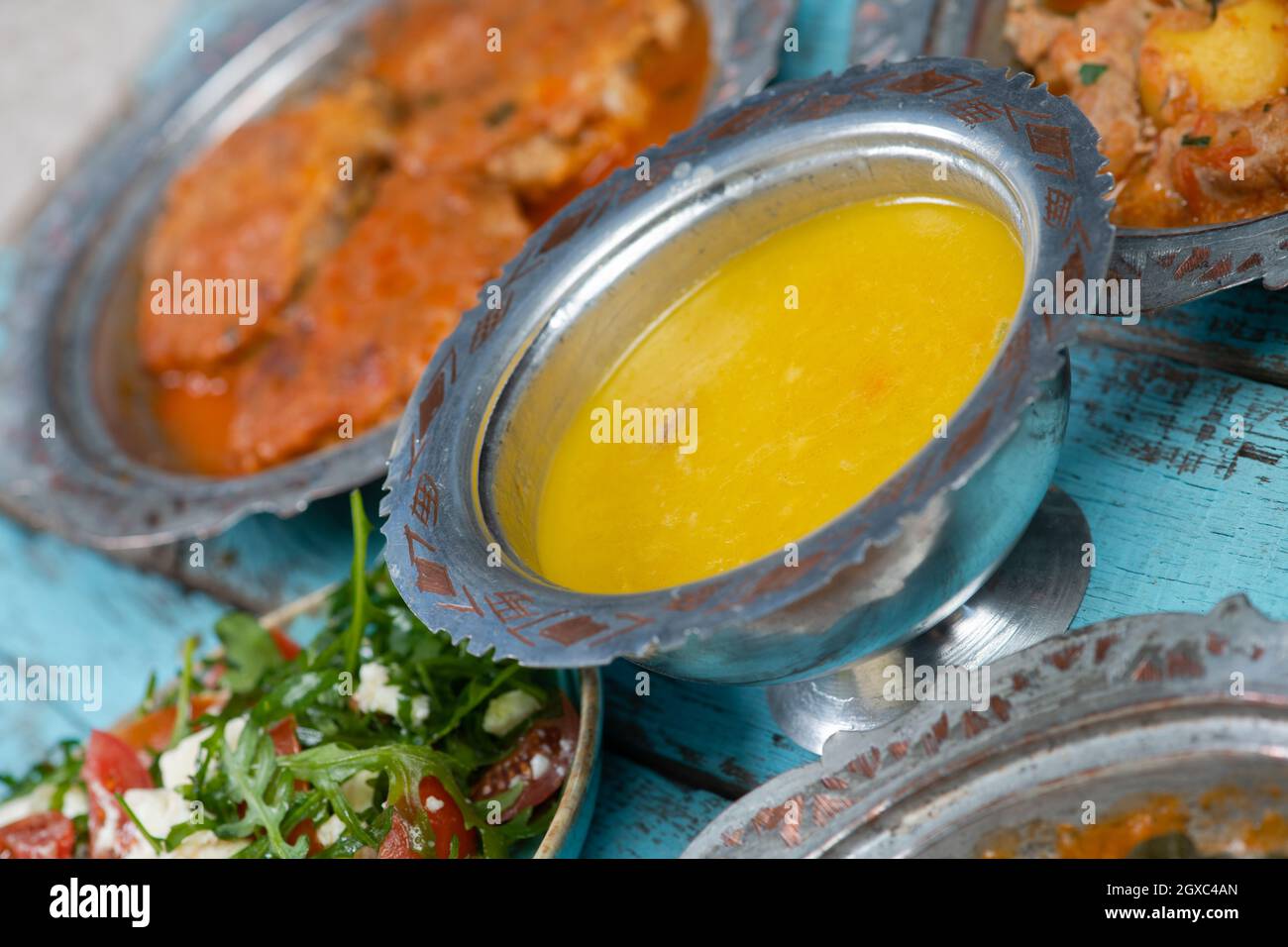 Eid Mubarak Traditional Ramadan Iftar dinner. Assorted tasty food in ...