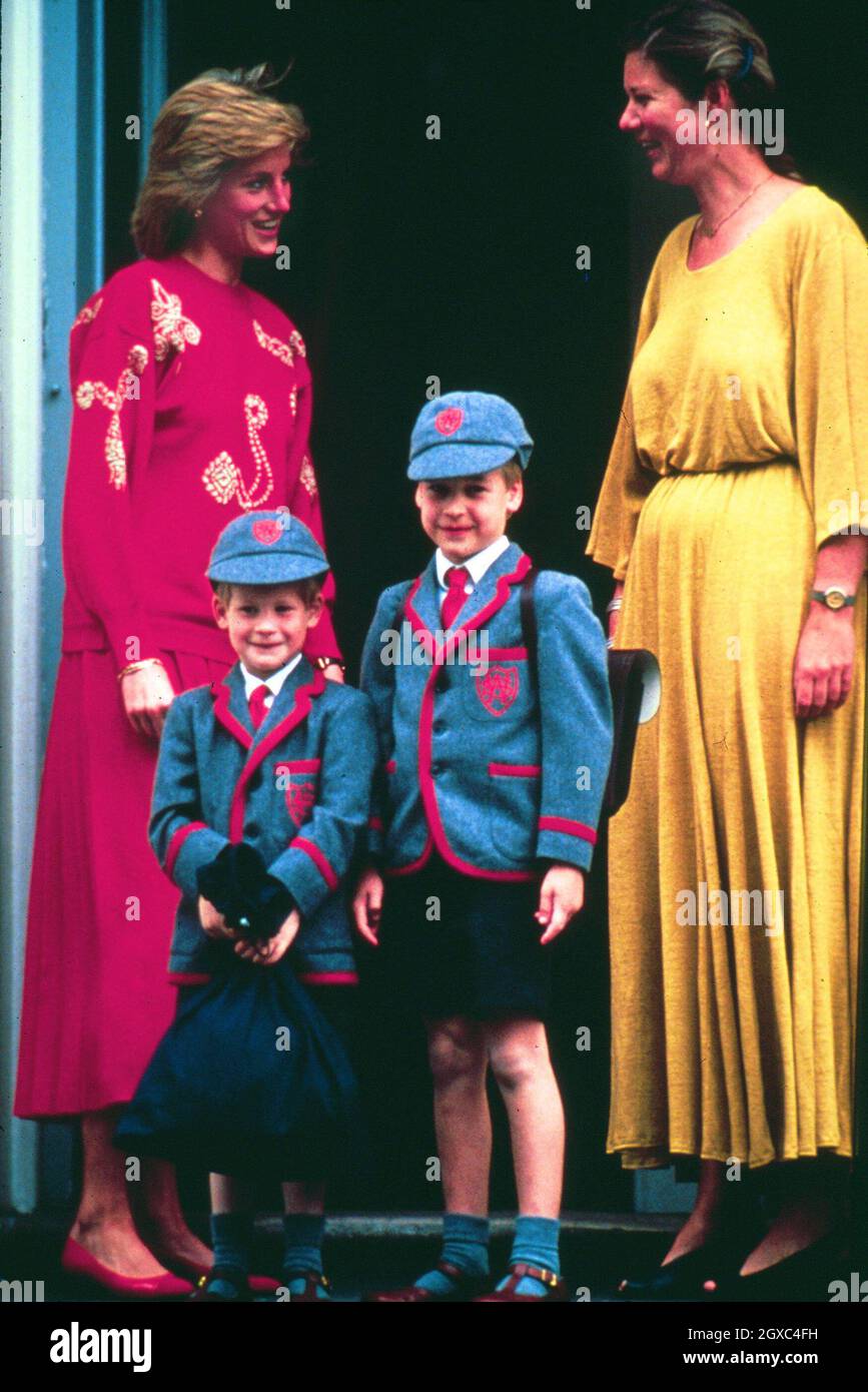 Diana, Princess of Wales with her sons Prince William and Prince Harry at Wetherby School on September 12, 1989 in London. It is Prince Harry's first day at school. Stock Photo