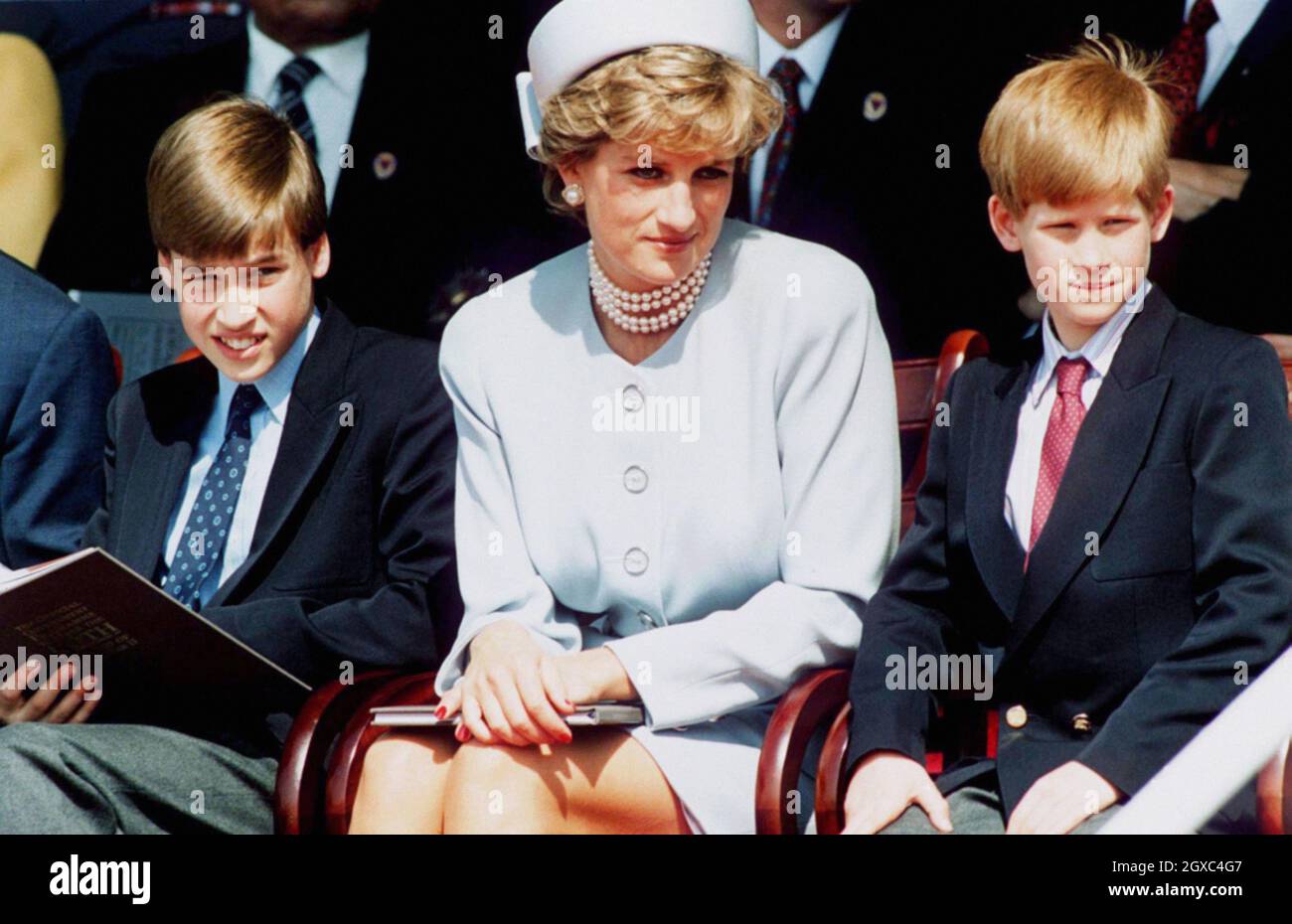 Diana, Princess of Wales with Prince William and Prince Harry at the Heads Of State Service for VE Rememberance Day, held in Hyde Park, London on May 7, 1995. Stock Photo