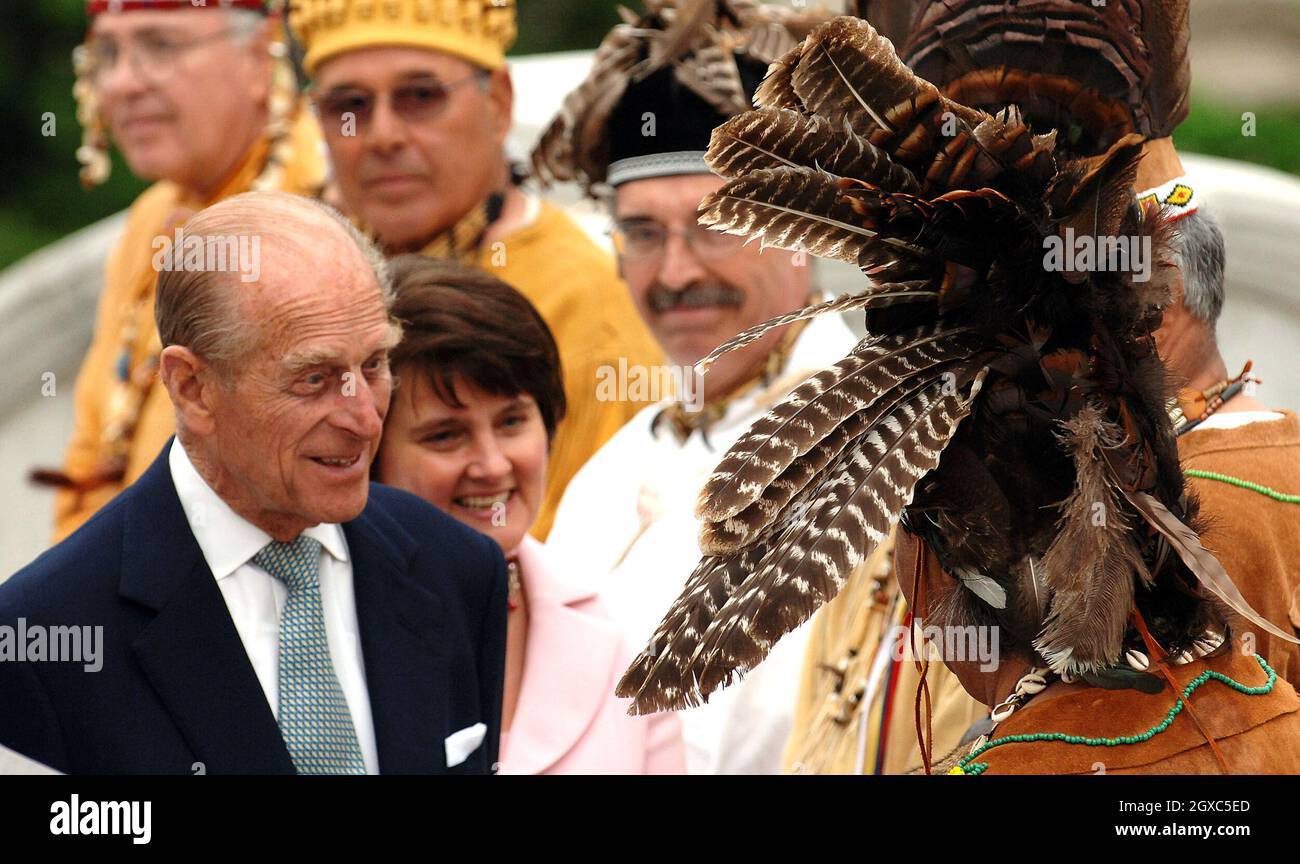 Prince Philip, Duke of Edinburgh meets Native American Indians on his arrival at the Capitol Building in Richmond. The Queen made an address to the Virginia General Assembly on the first stop of her six-day visit to the US on May 3, 2007. The Queen expressed her sympathy over the recent shooting tragedy at Virginia Tech where 33 students and staff died. Stock Photo