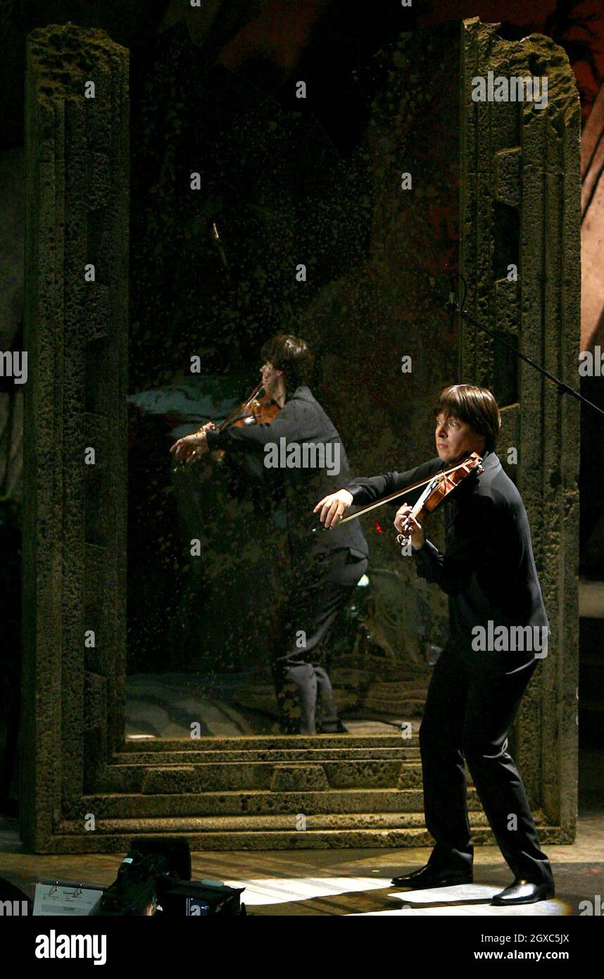 Violinist Joshua Bell performs at The Royal Albert Hall in central London during the 2007 Classical Brit Awards, on May 3, 2007. Stock Photo