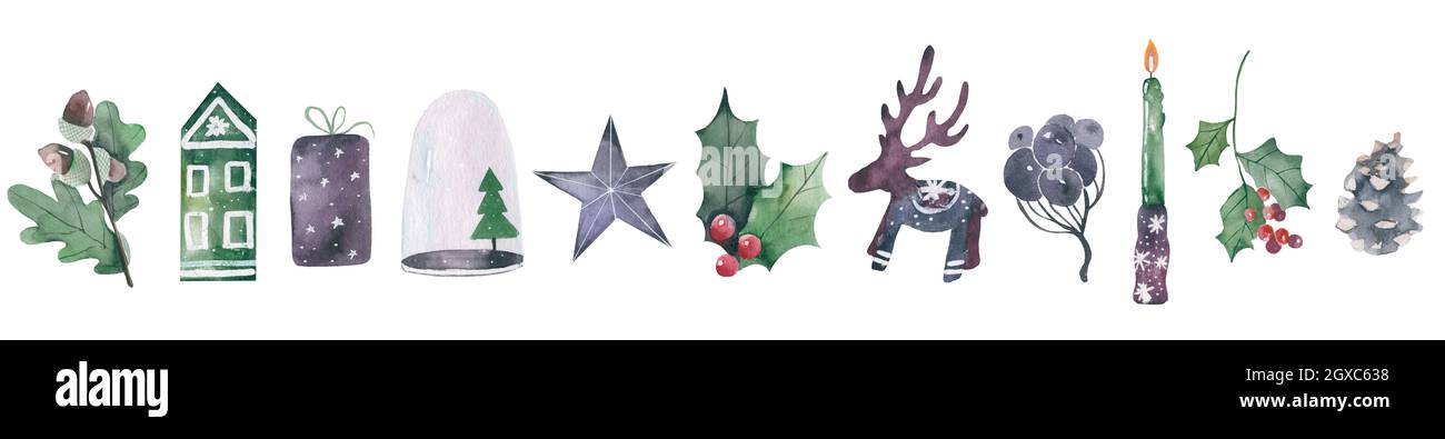 Watercolor christmas set of holidays hand drawn paint winter season ...