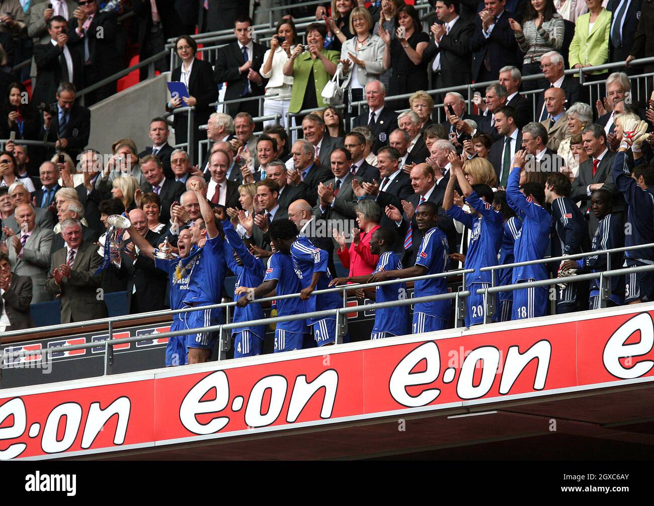 Prince William, President of the Football Association, presents the FA Cup to Chelsea F.C. at the new Wembley Stadium, London on May 19, 2007. Stock Photo