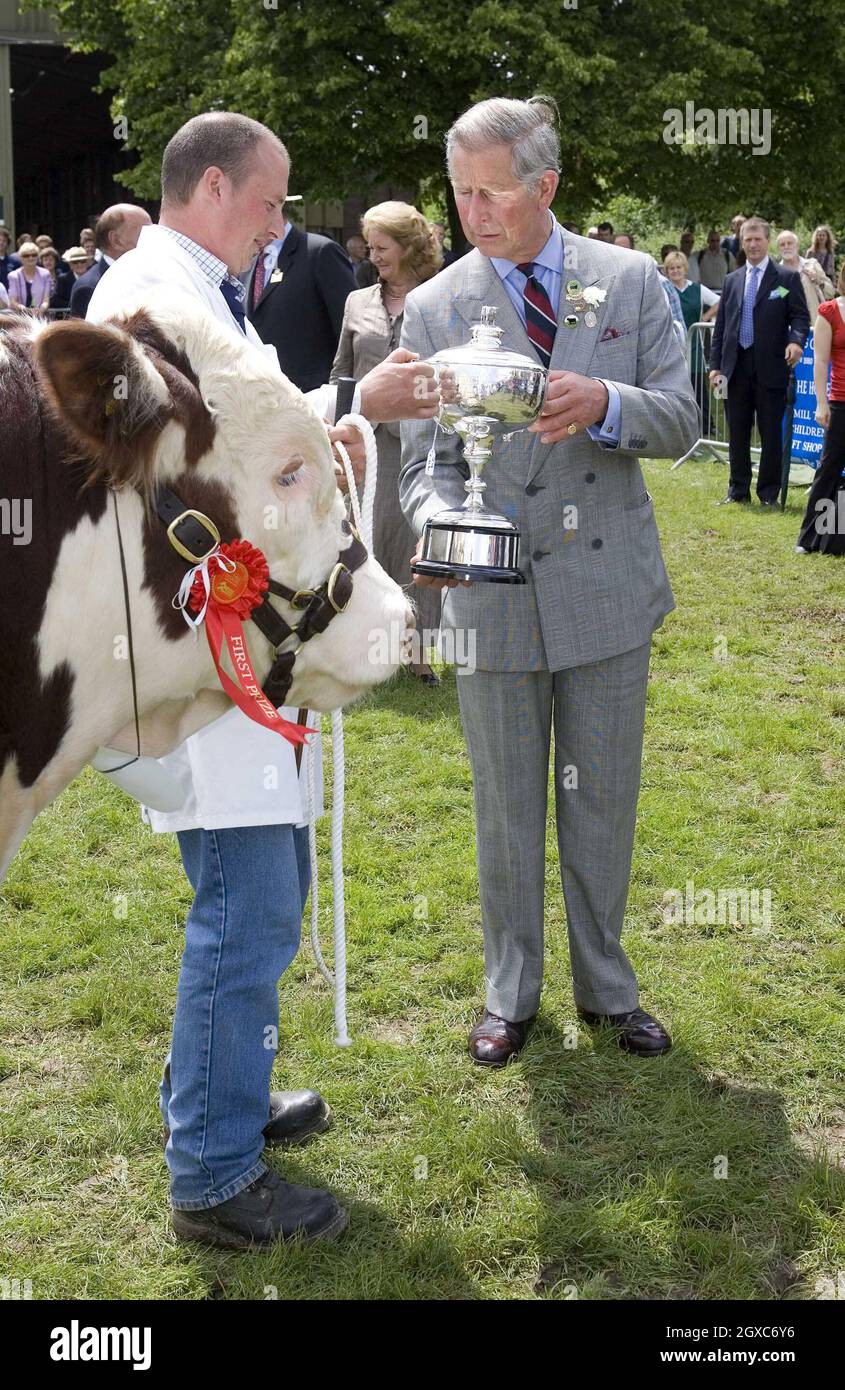 Prince Charles, Prince of Wales watches the judging of Hereford Bulls and presents the prizes at the Three Counties Show in Malvern, Worcestershire. Stock Photo