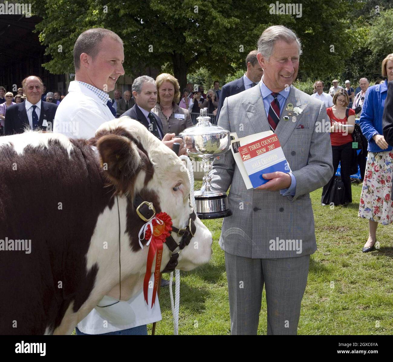 Prince Charles, Prince of Wales watches the judging of Hereford Bulls and presents the prizes at the Three Counties Show in Malvern, Worcestershire. Stock Photo