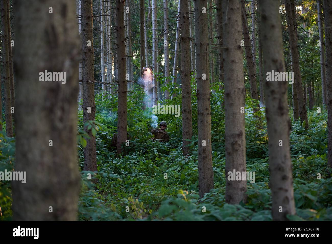 soldier squad attacking by throwing hand grenade bomb to enemy by making sabotage in forest Stock Photo