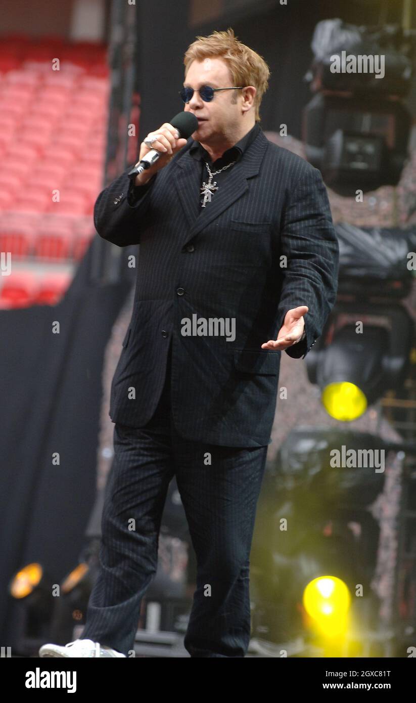 Elton John performing live at the Concert for Diana, Wembley Stadium, London. Stock Photo