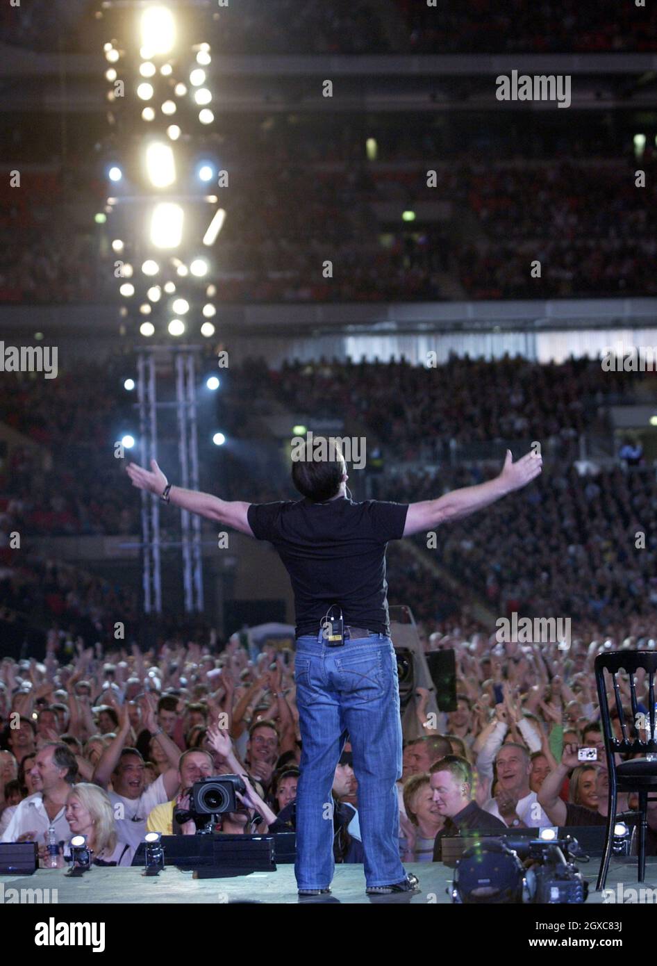 Ricky Gervais on stage at the Concert for Diana, Wembley Stadium